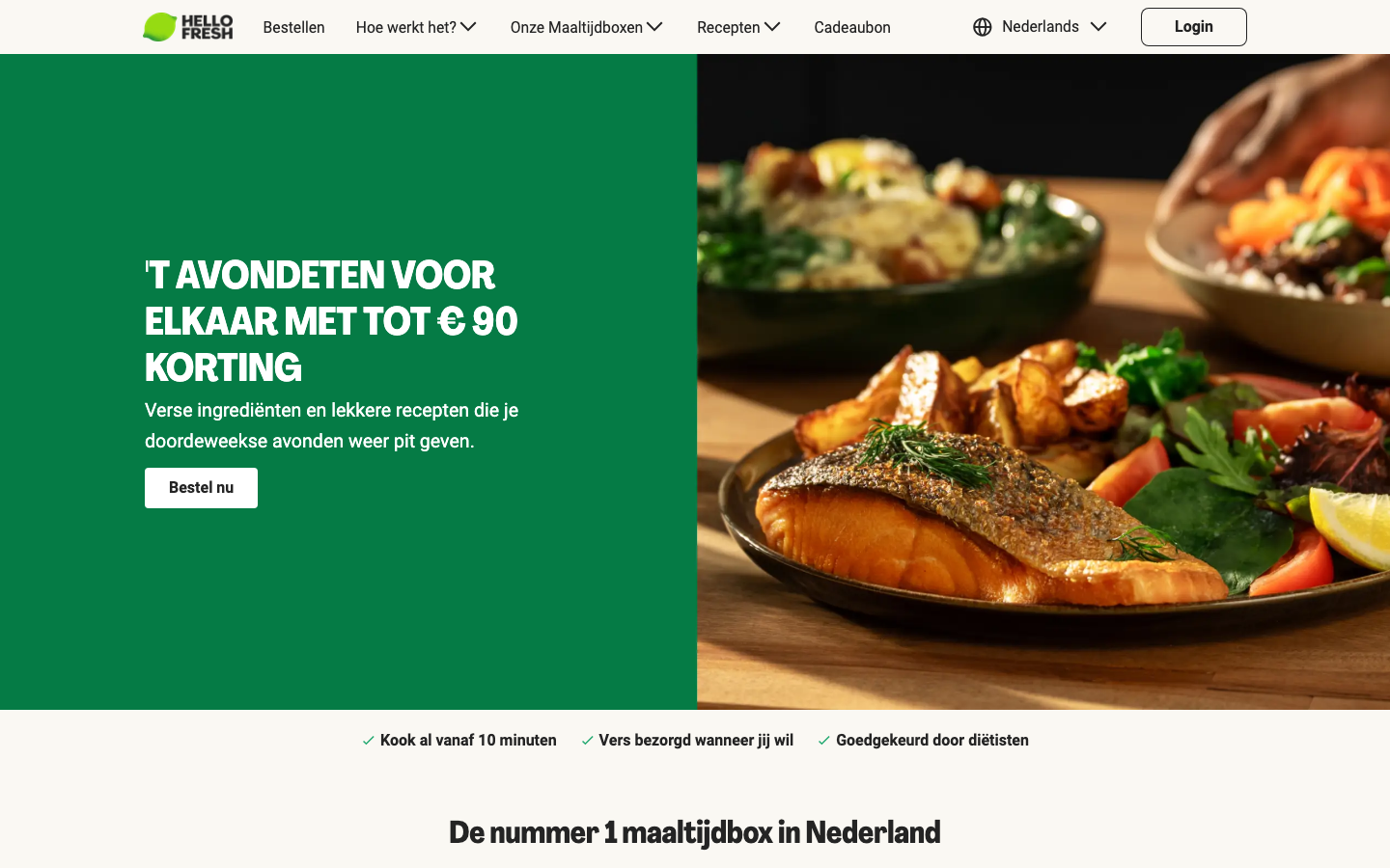 HelloFresh homepage met de Nederlandse maaltijdbox hero-afbeelding