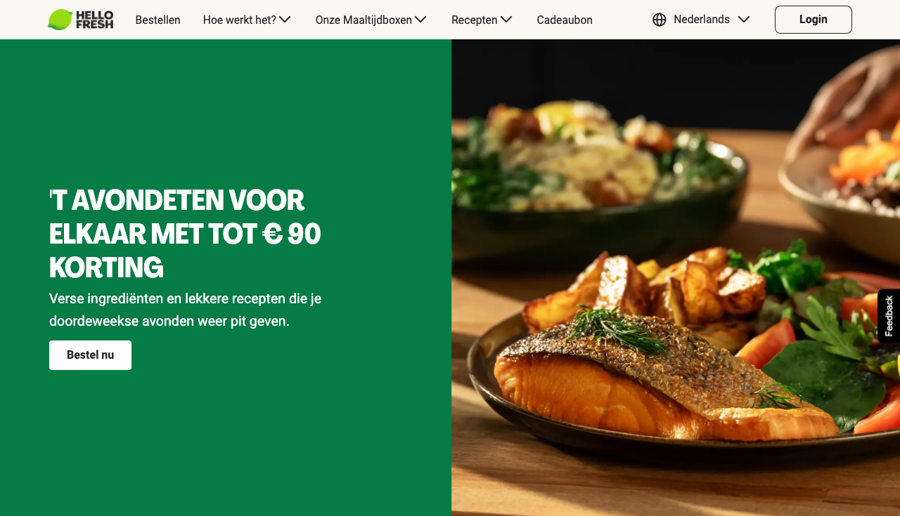 Homepage van hellofresh.nl met de actuele welkomstkorting van tot €90