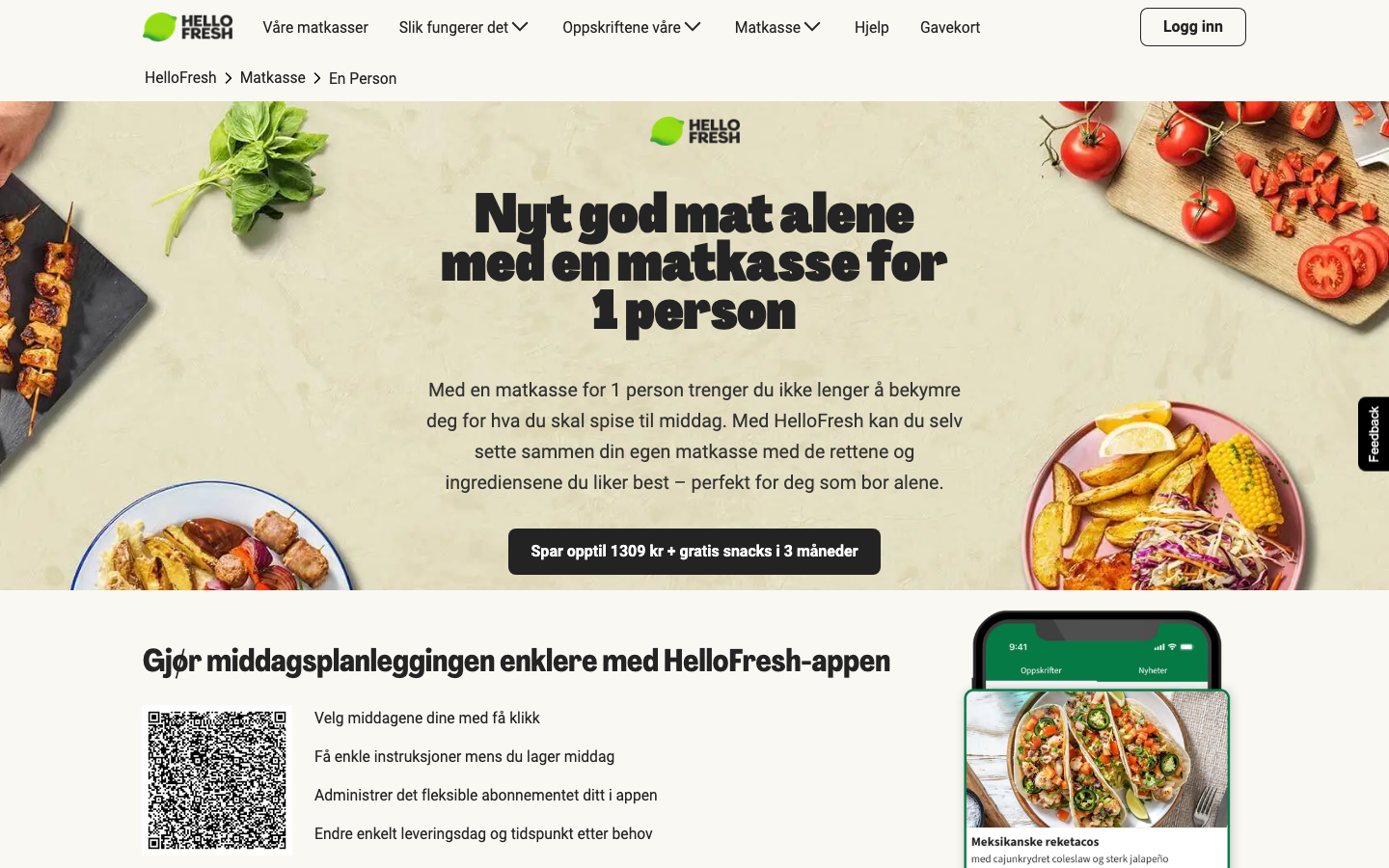 HelloFresh Norge sin landingsside for matkasse for 1 person