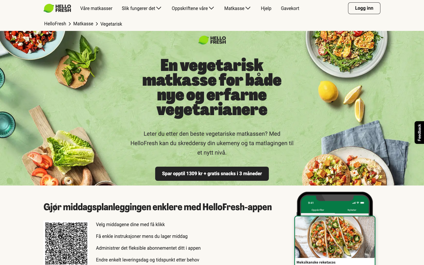 HelloFresh sin landingsside for vegetarisk matkasse