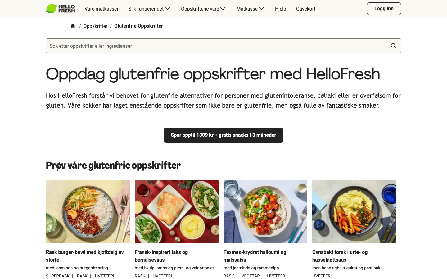 HelloFresh sin oversikt over glutenfrie oppskrifter, med retter merket hvetefri
