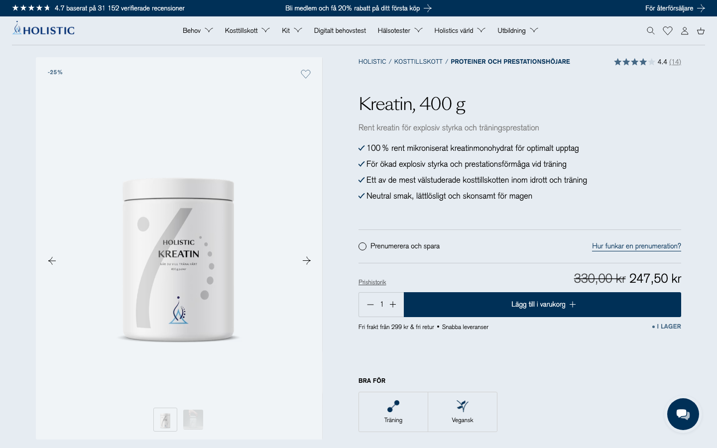 Skärmbild av Holistic Kreatin produktsida med pris och förpackning