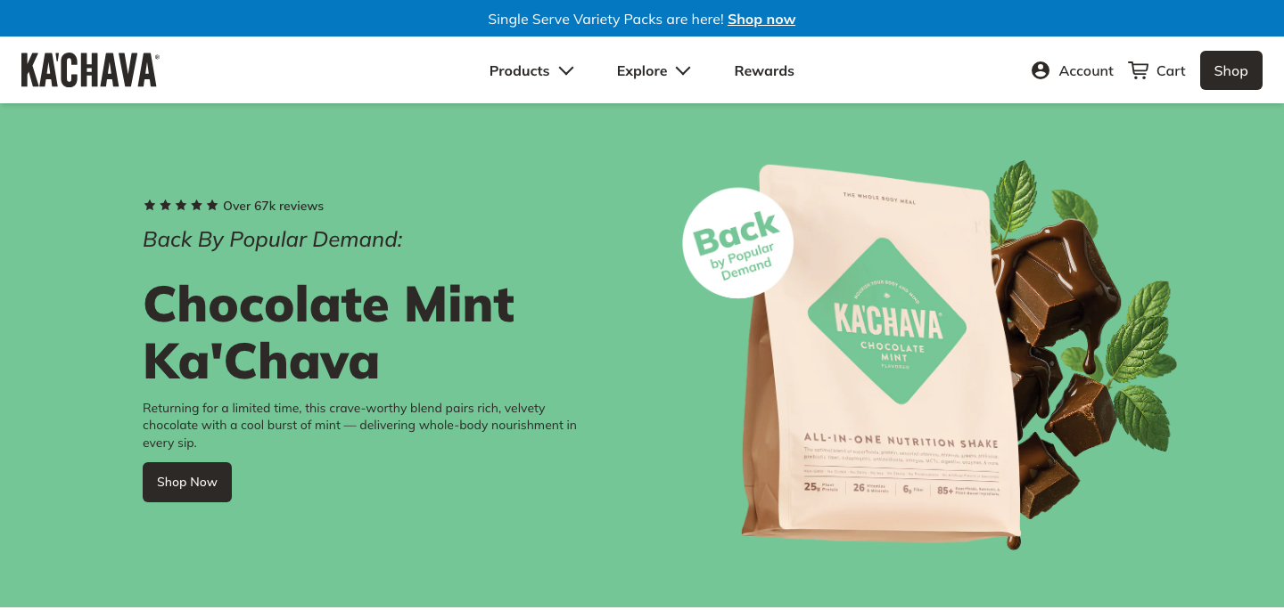 Ka'Chava homepage hero showing the Chocolate Mint product bag