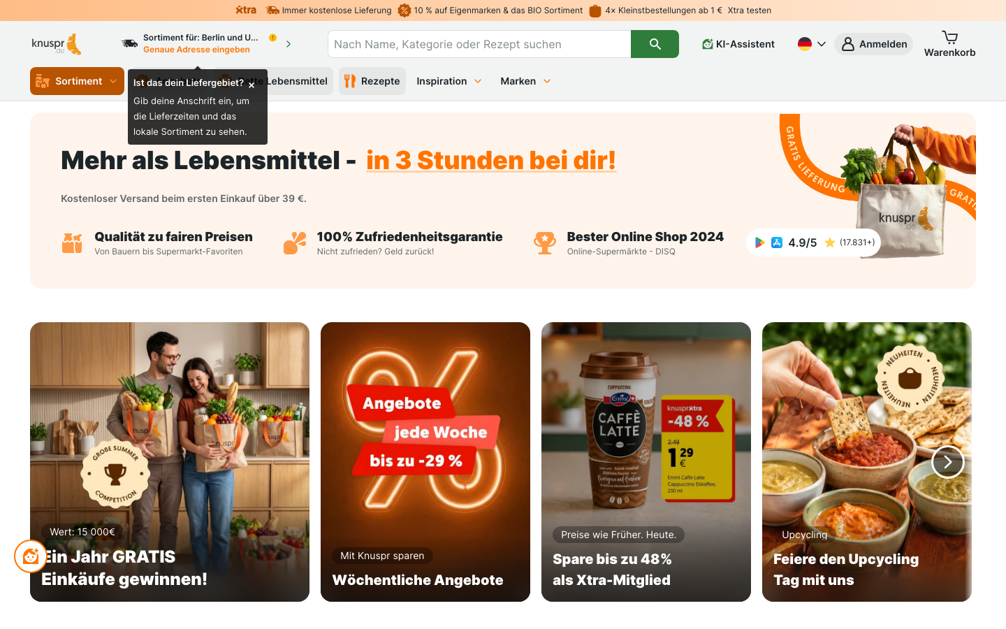 Startseite von Knuspr, einem Quick-Commerce-Lieferdienst als Alternative zum Aldi Lieferservice