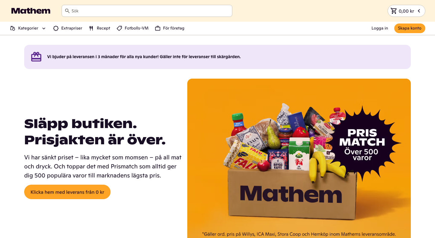 Skärmbild av MatHems startsida med matvarubutik och matkasseerbjudande