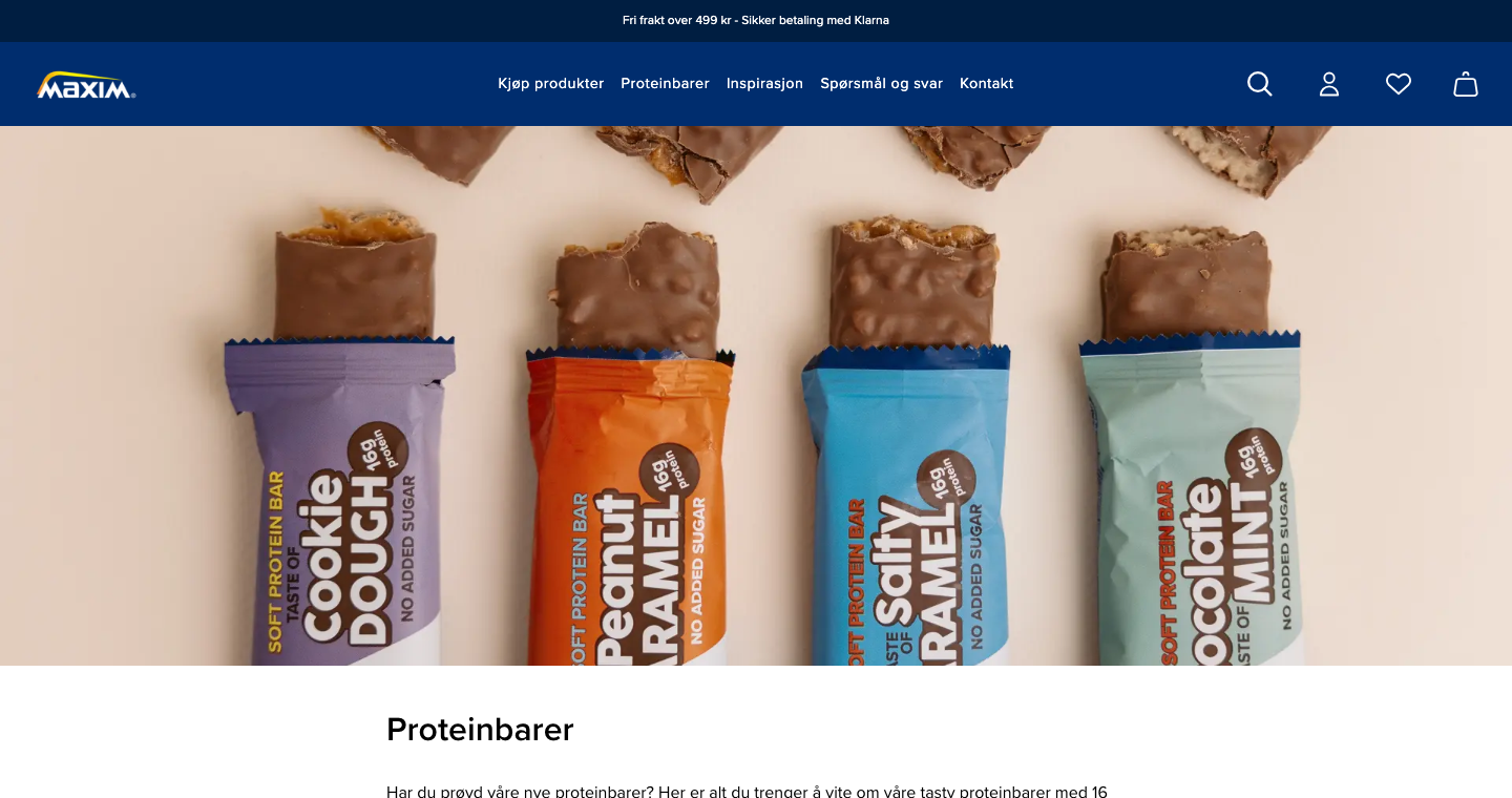Maxim proteinbarer i fem smaker vist på maximsport.no