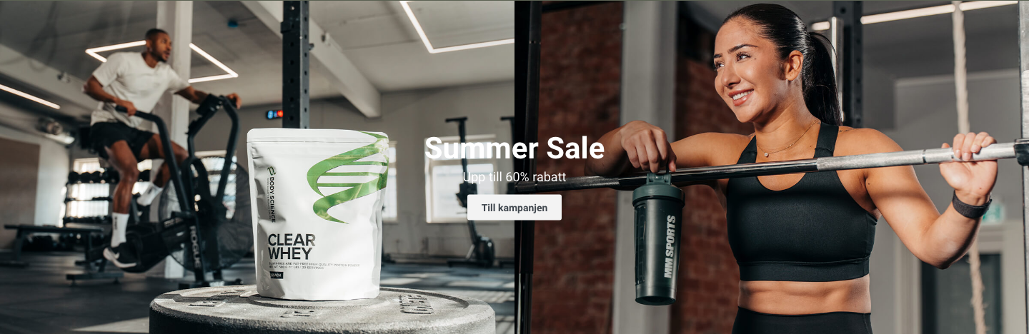 Skärmdump av MM Sports startsida som visar hero-bilden med Body Science Clear Whey-proteinpulver