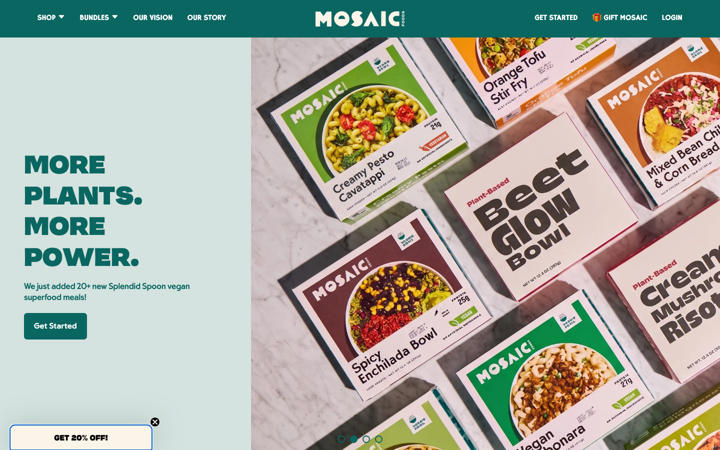 Screenshot of the Mosaic Foods homepage showing frozen plant-based meal boxes
