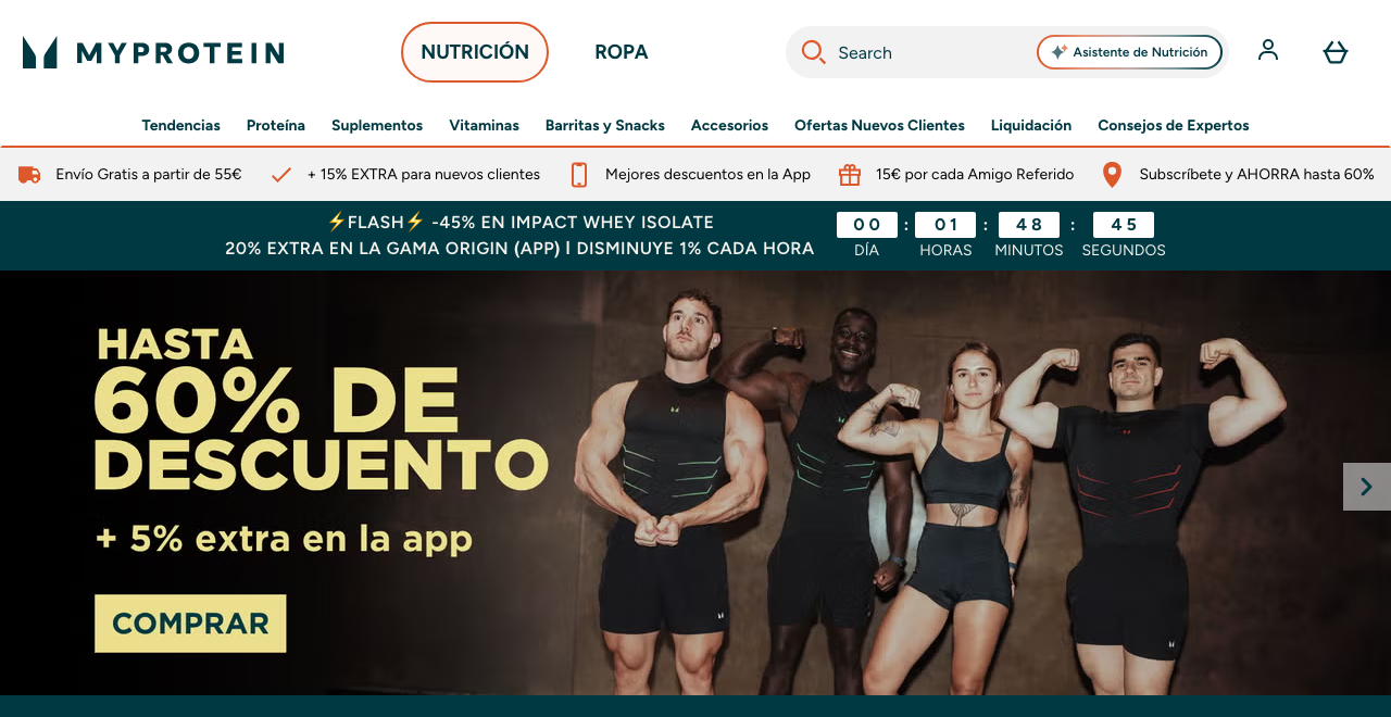 Página de inicio de MyProtein.es con su catálogo de nutrición deportiva
