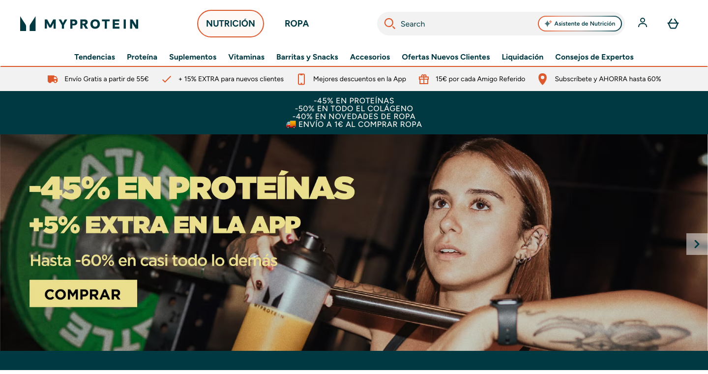 Página de inicio de MyProtein España con ofertas activas en proteína