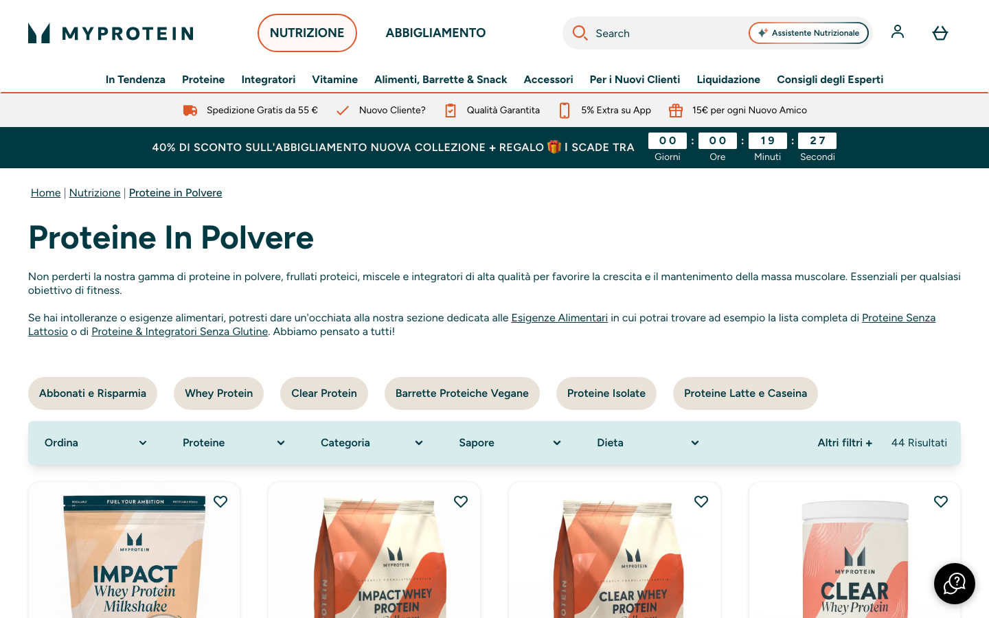 Pagina categoria proteine in polvere sul sito italiano di MyProtein