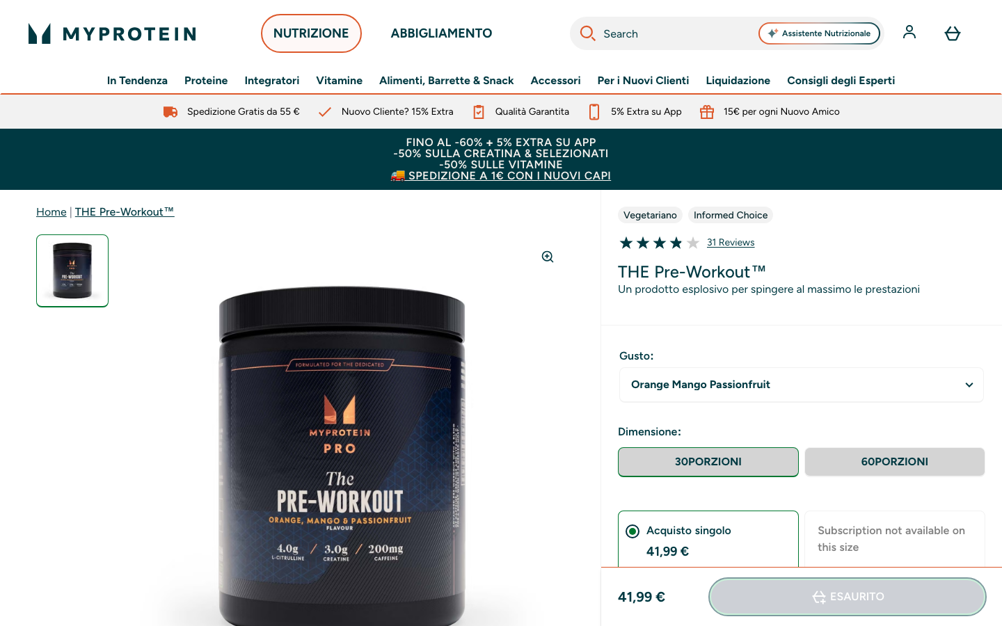Scheda prodotto MyProtein THE Pre-Workout sul sito ufficiale myprotein.it con prezzo e dosaggi in etichetta