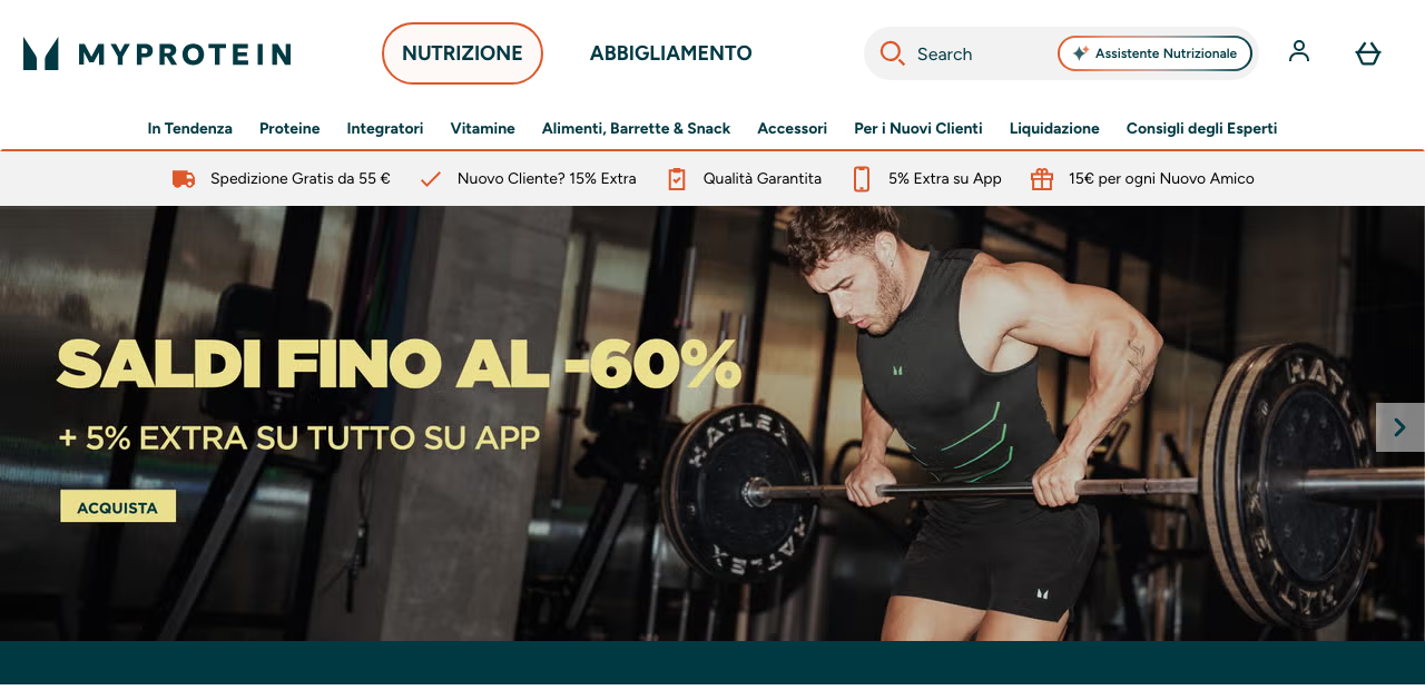 Homepage di MyProtein.it con il catalogo di nutrizione sportiva