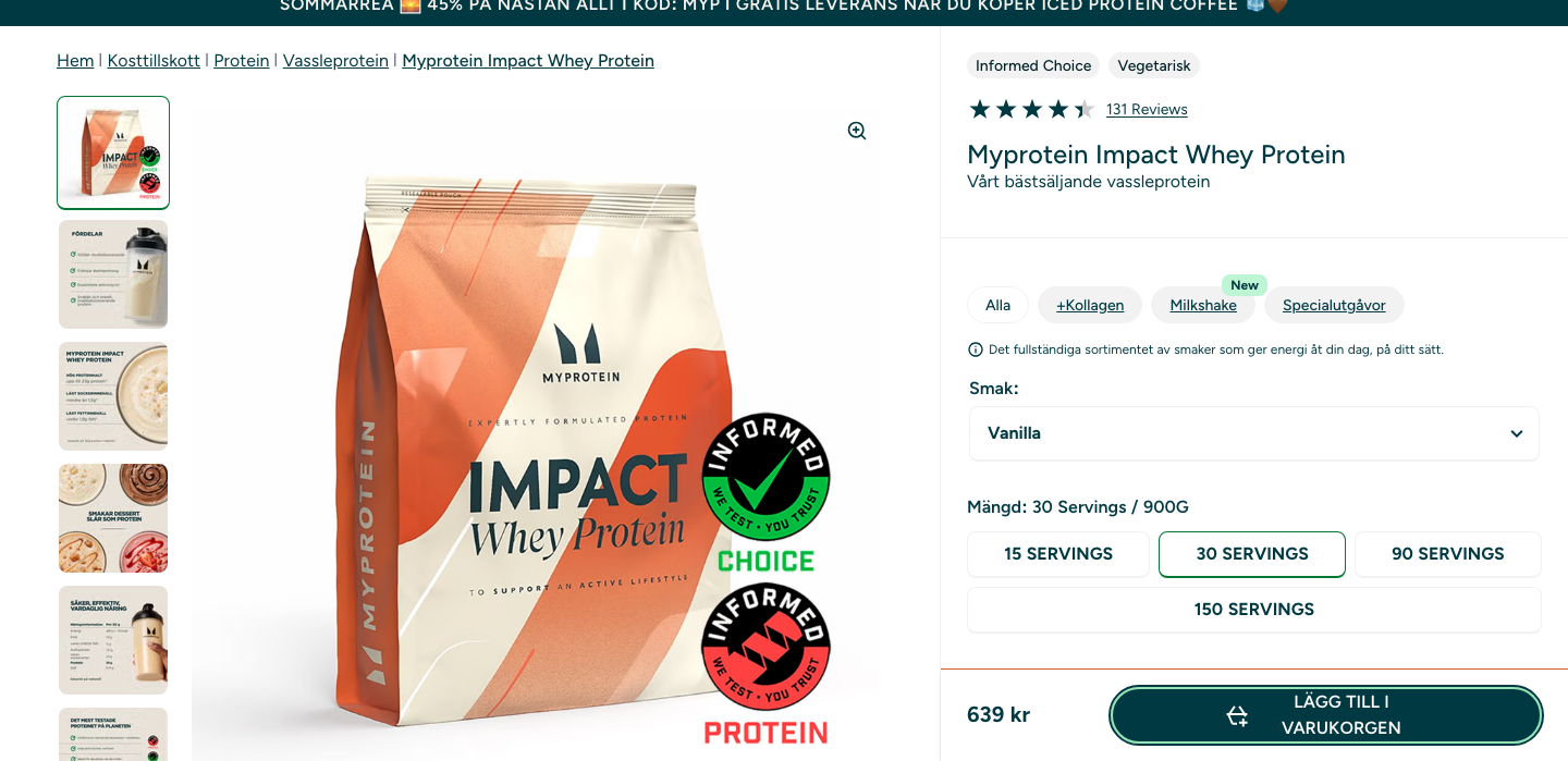 Skärmbild av produktsidan för MyProtein Impact Whey Protein på myprotein.se