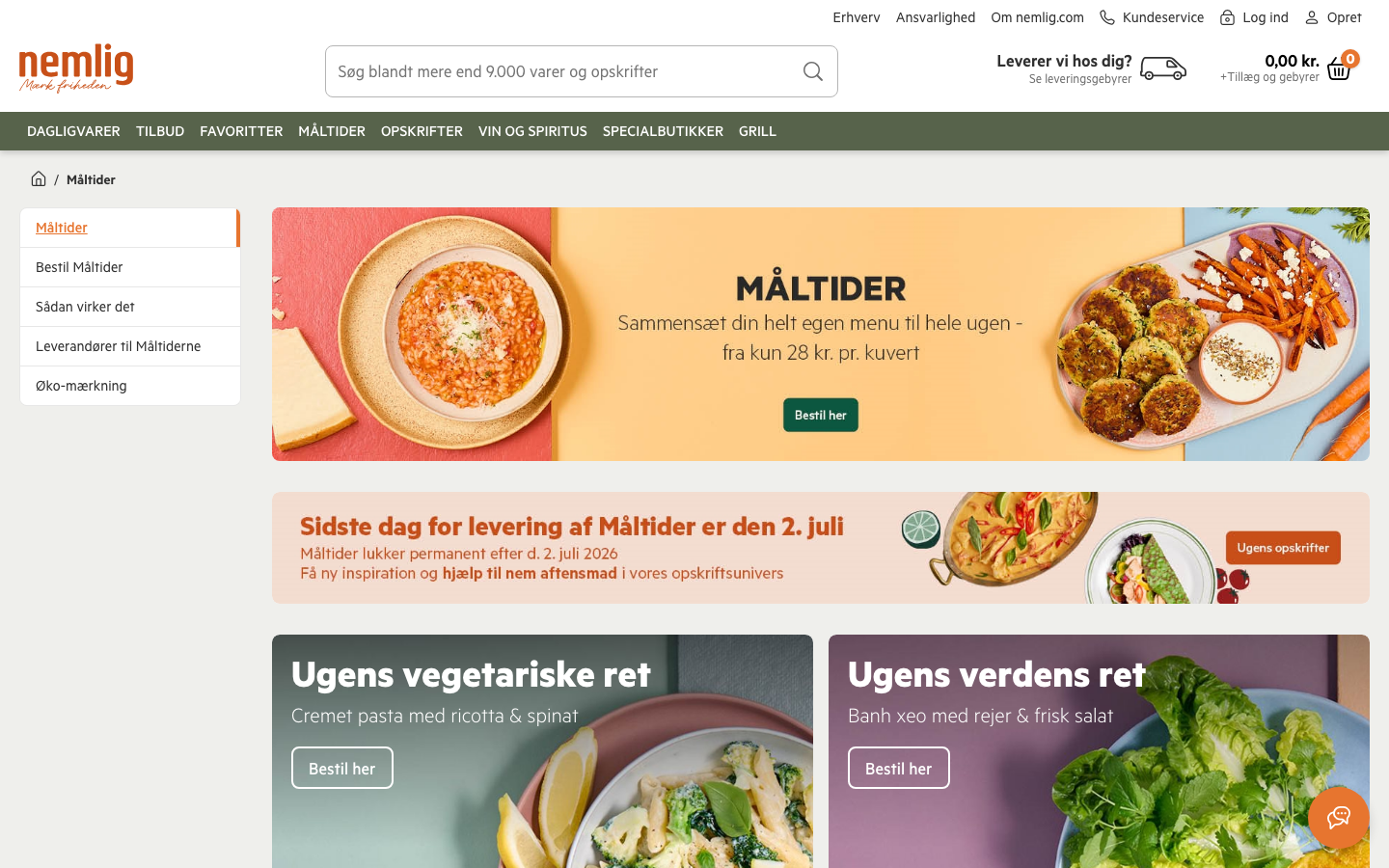 Skærmbillede af nemlig.coms måltidskasser-side med ugens retter og bestillingsflow