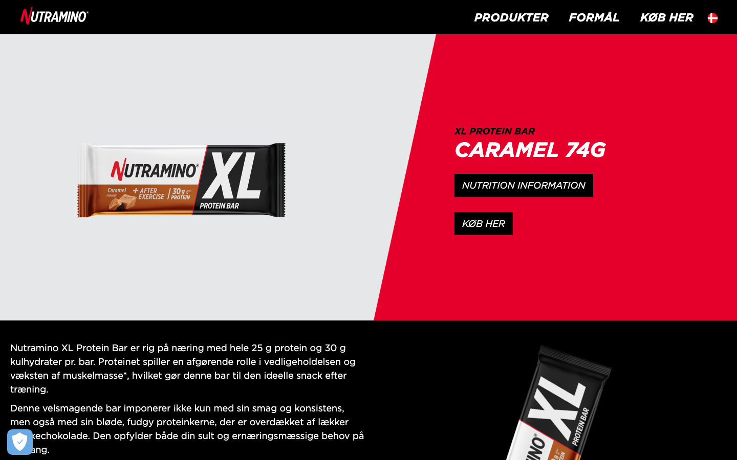 Nutramino XL Protein Bar Caramel 74g produktside med 25 gram protein