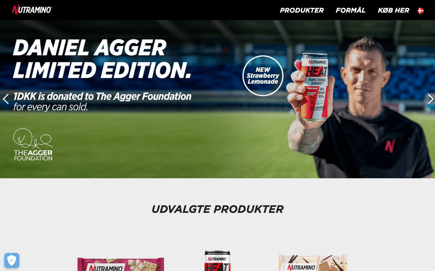Nutraminos danske hjemmeside med proteinbarer og proteindrikke
