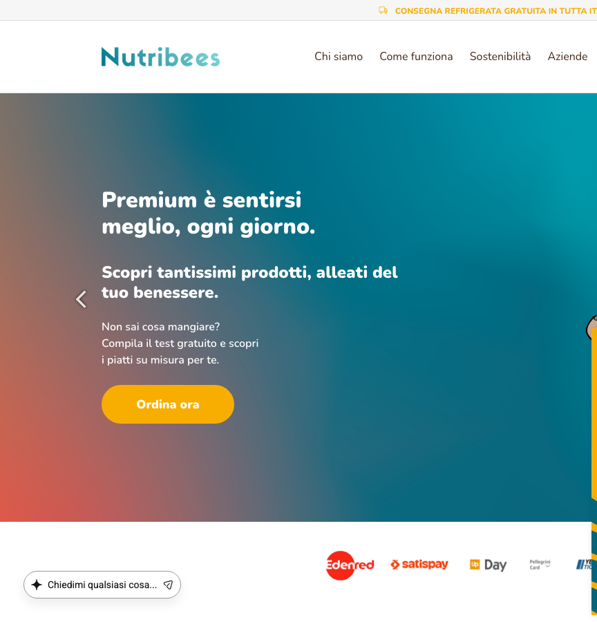 Screenshot della homepage di NutriBees, pasti pronti in abbonamento