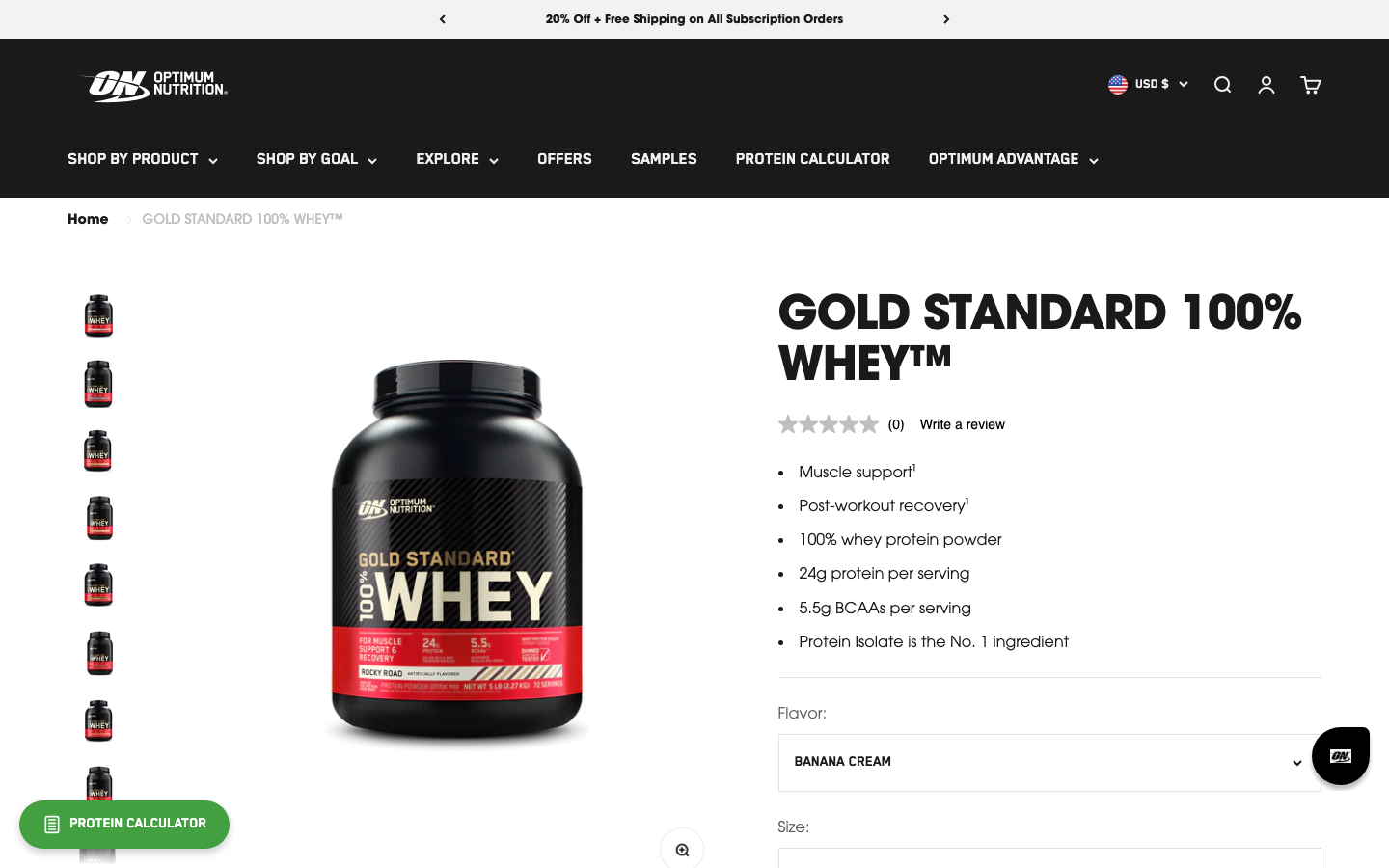 Optimum Nutrition Gold Standard 100% Whey product page showing 24g protein and 5.5g BCAAs per serving