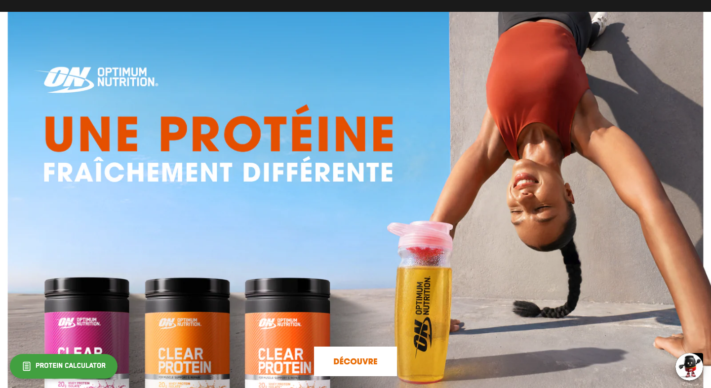 Page d'accueil Optimum Nutrition France présentant la gamme Clear Protein