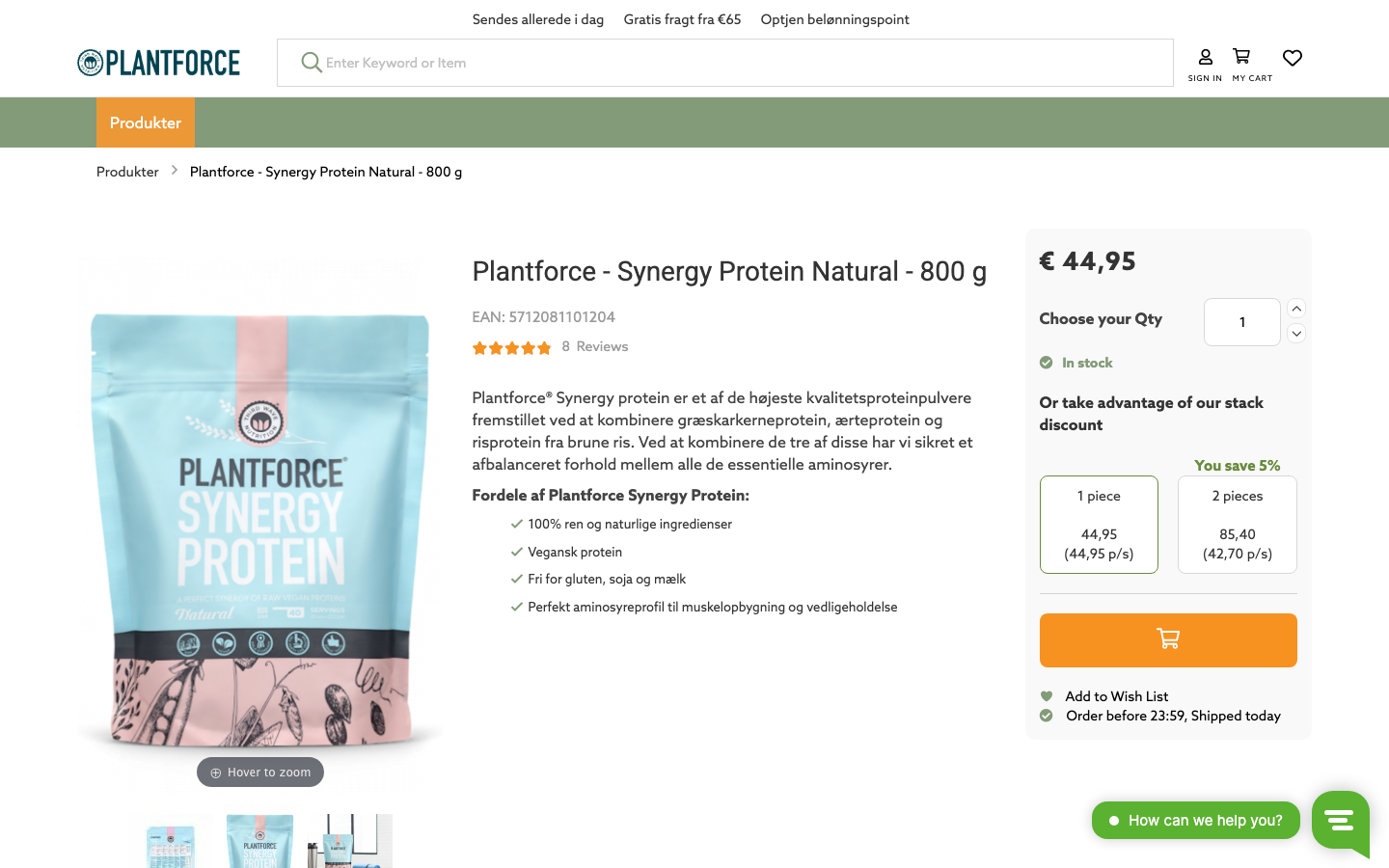 Plantforce Synergy Protein Natural 800g produktside hos plantforce.dk