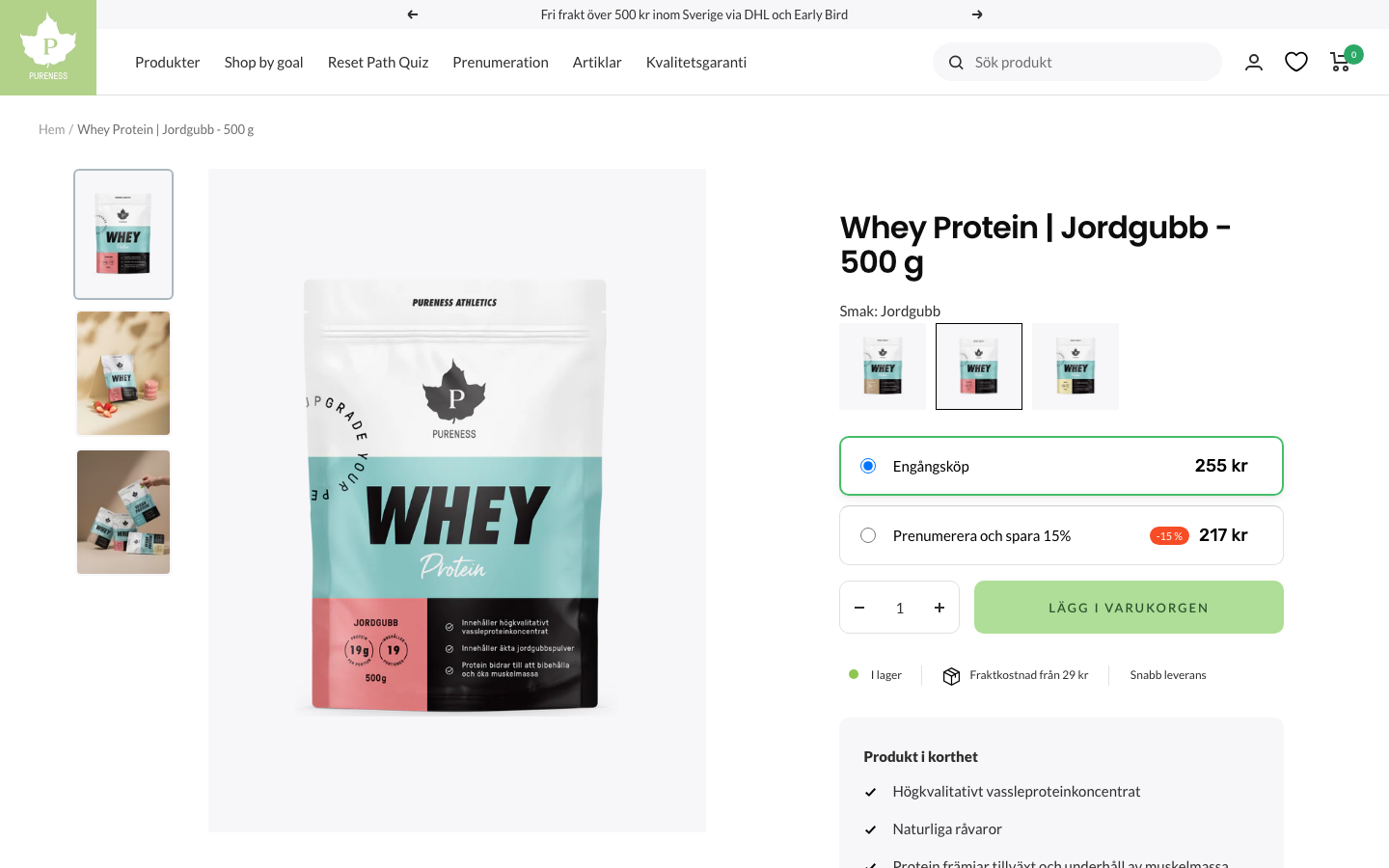 Skärmdump av Pureness Whey Protein Jordgubb 500 g på pureness.se med pris och produktbild