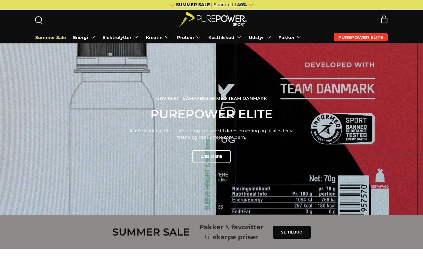 PurePower.dk forside med PurePower Elite og Team Danmark-samarbejde