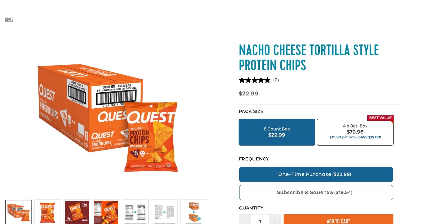 Quest Nacho Cheese Tortilla Style Protein Chips product page showing packaging and pricing