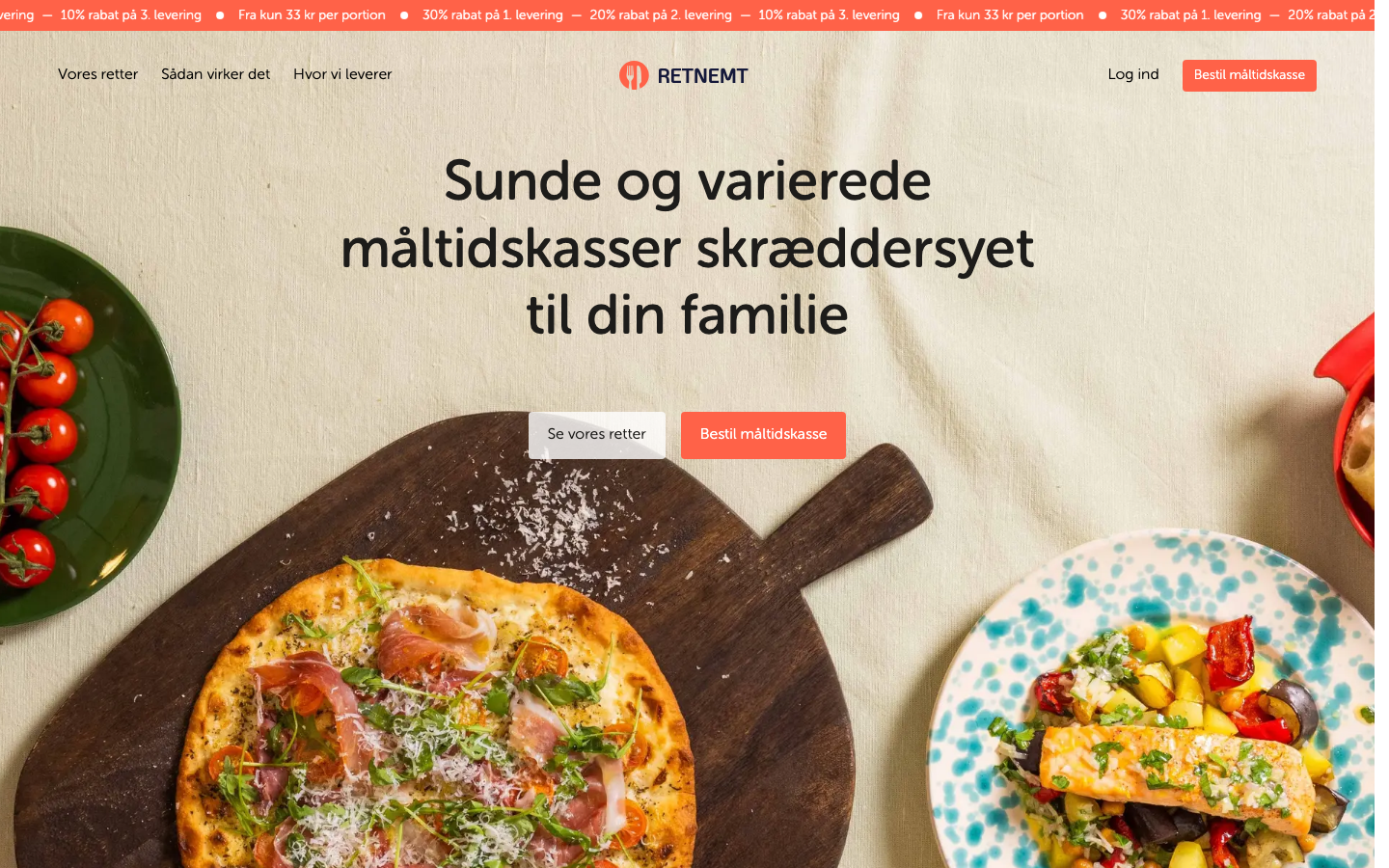 Forsiden af RetNemt, en fleksibel dansk måltidskasse uden binding