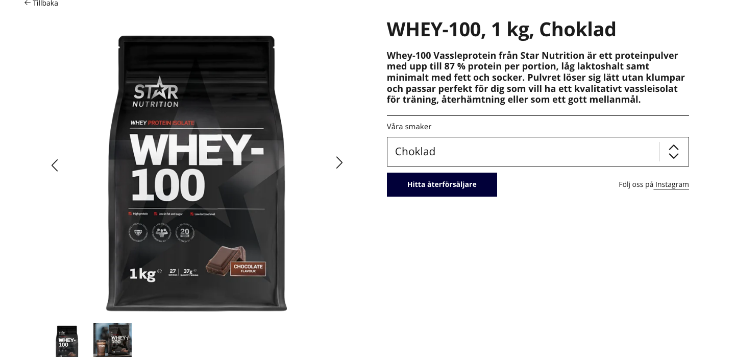 Star Nutrition Whey-100 produktsida på starnutrition.se med chokladsmak och produktbeskrivning