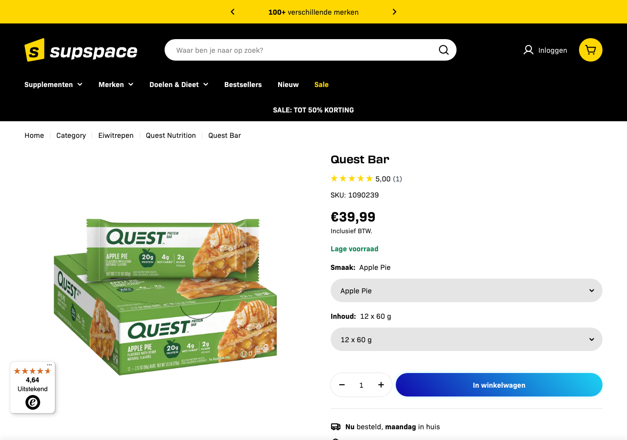 Quest Bar Apple Pie smaak, doosje van 12 x 60 g op supspace.nl