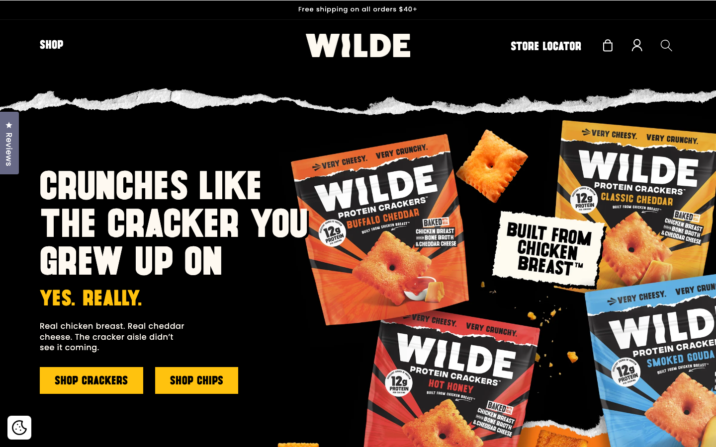 Wilde Brands official homepage showing the chicken-breast-based protein chip and cracker product line