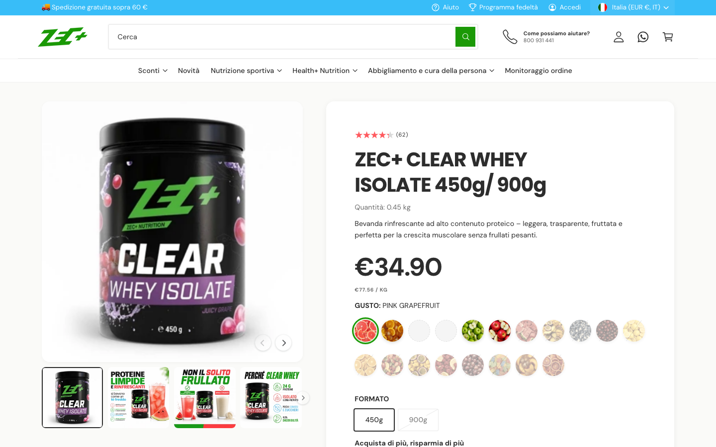Pagina prodotto ufficiale di ZEC+ Clear Whey Isolate sul sito italiano del marchio