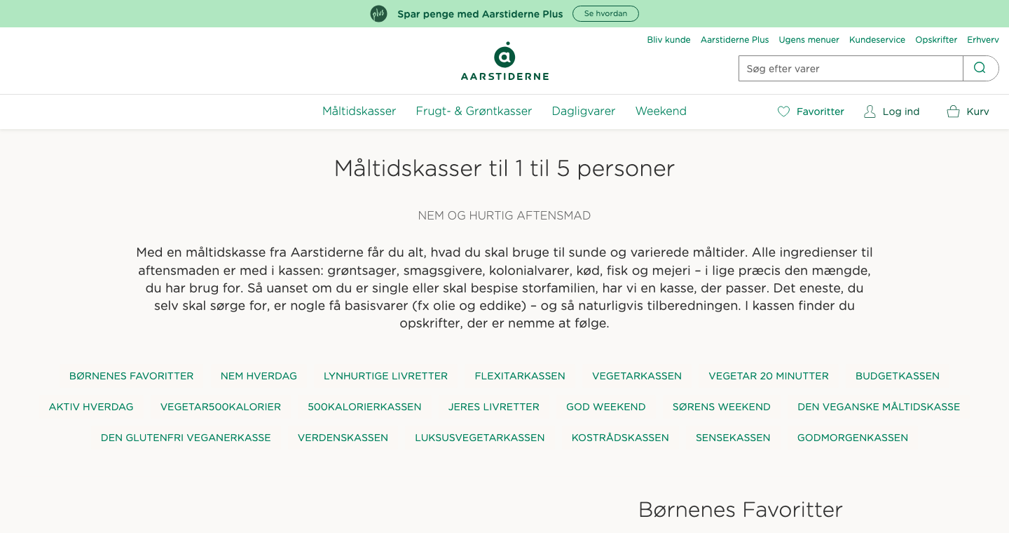 Aarstidernes prisoversigt for måltidskasser med kombinationer af personer og dage