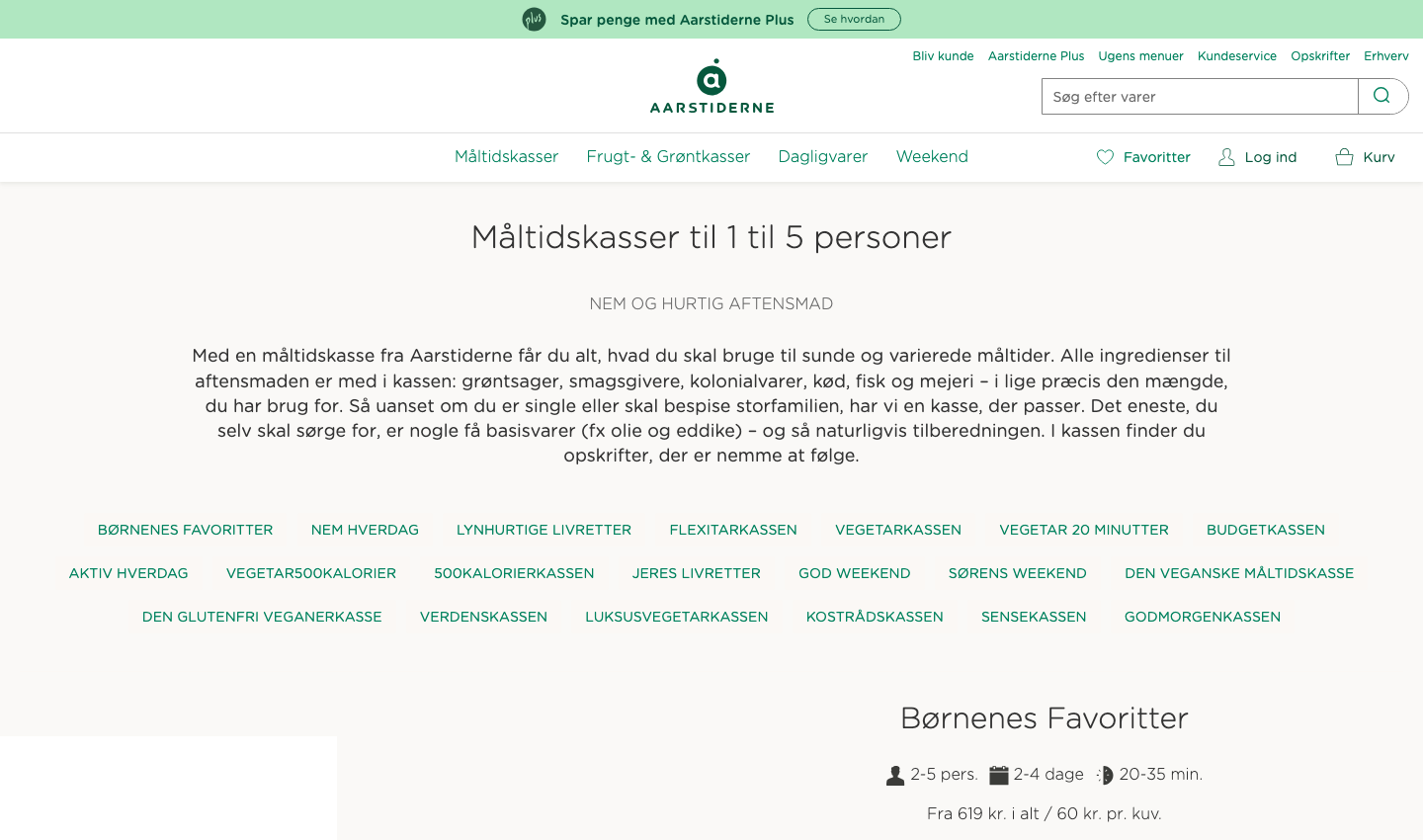 Aarstidernes prisberegner der viser kuvertpris for måltidskasser fra 1 til 5 personer