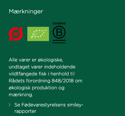 Skærmbillede der viser Aarstidernes Ø-mærke certificering på deres hjemmeside