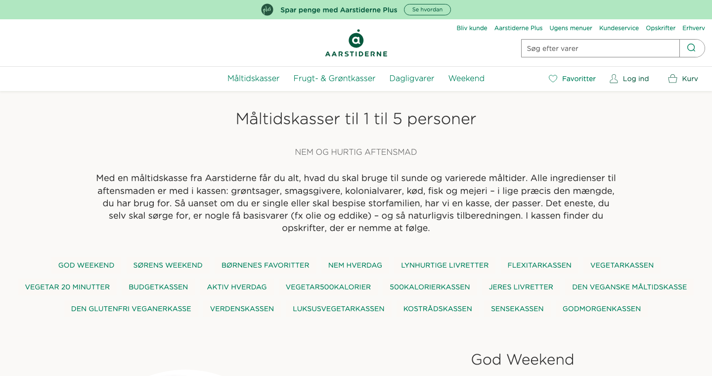 Aarstidernes prisside for måltidskasser til 1 til 5 personer