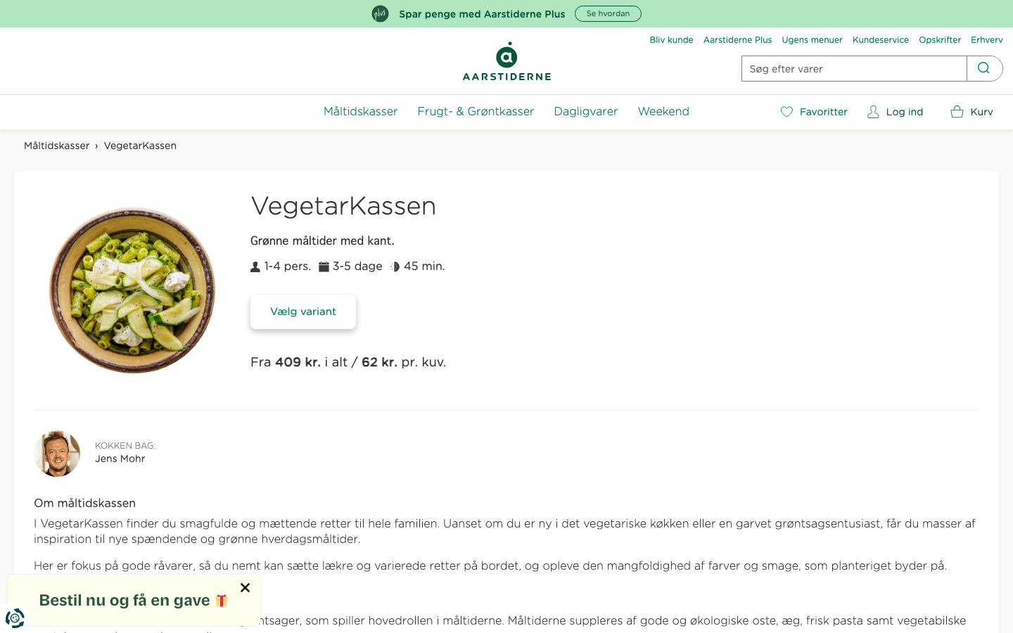 Aarstidernes VegetarKassen bestillingsside med pris og portionsvalg