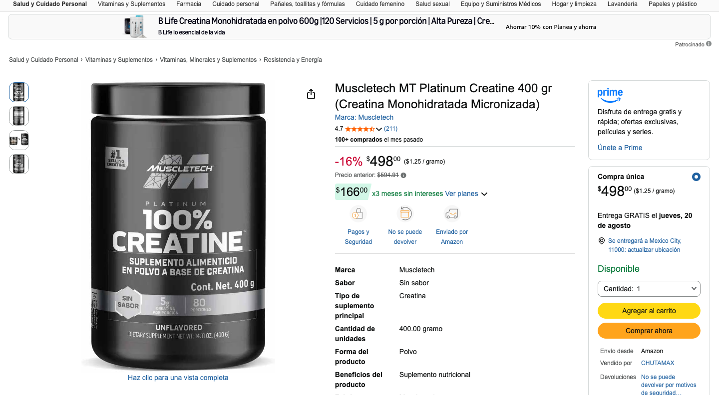 Ficha de producto de Muscletech MT Platinum Creatine en Amazon Mexico con precio y valoracion