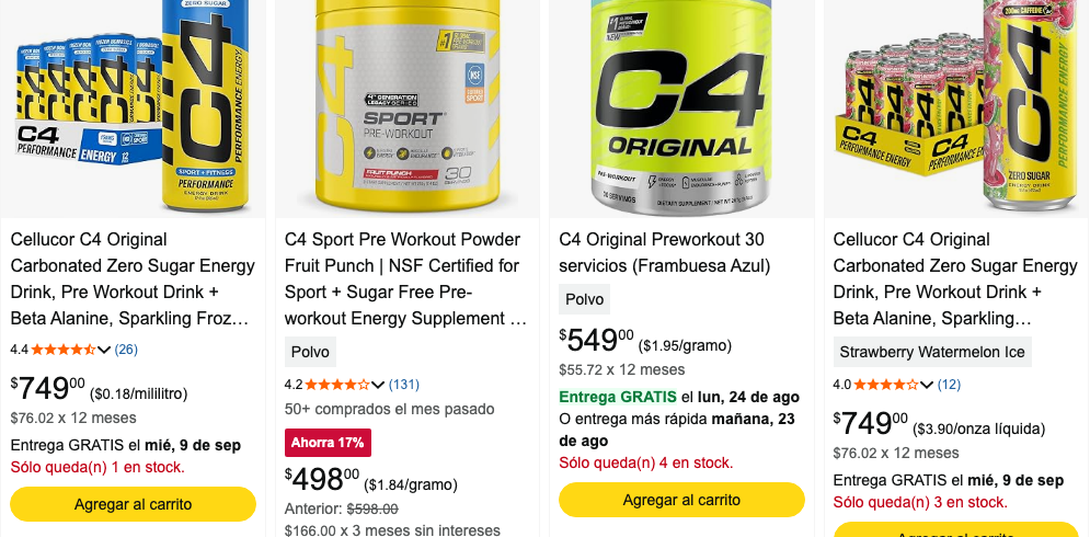 Listado de productos C4 Original de Cellucor en Amazon México con precios visibles