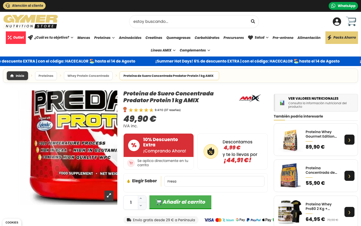 Ficha de producto de Amix 100% Predator Protein en gymer.es, 1kg, 49,90 euros
