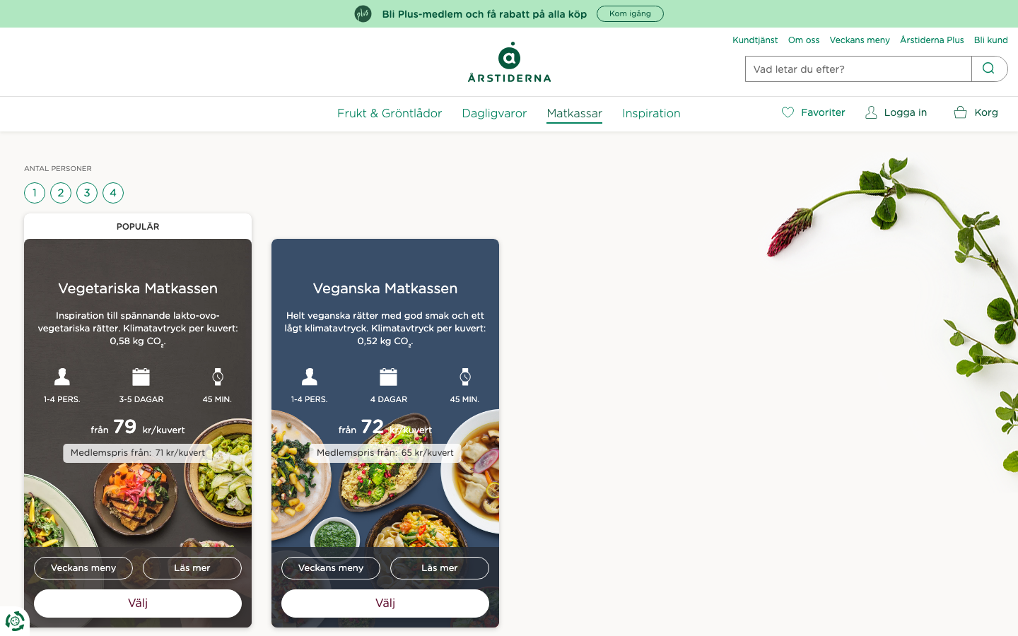 Skärmdump av Årstidernas matkassesida med Vegetariska och Veganska Matkassen.