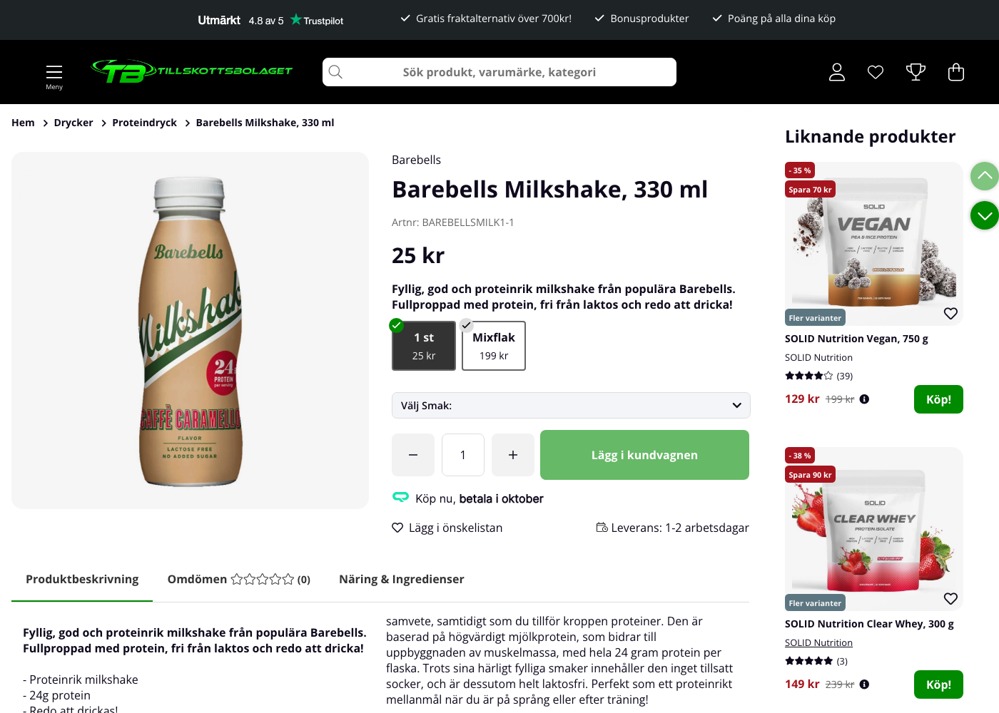 Skärmdump av produktsidan för Barebells Protein Milkshake hos Tillskottsbolaget.se.