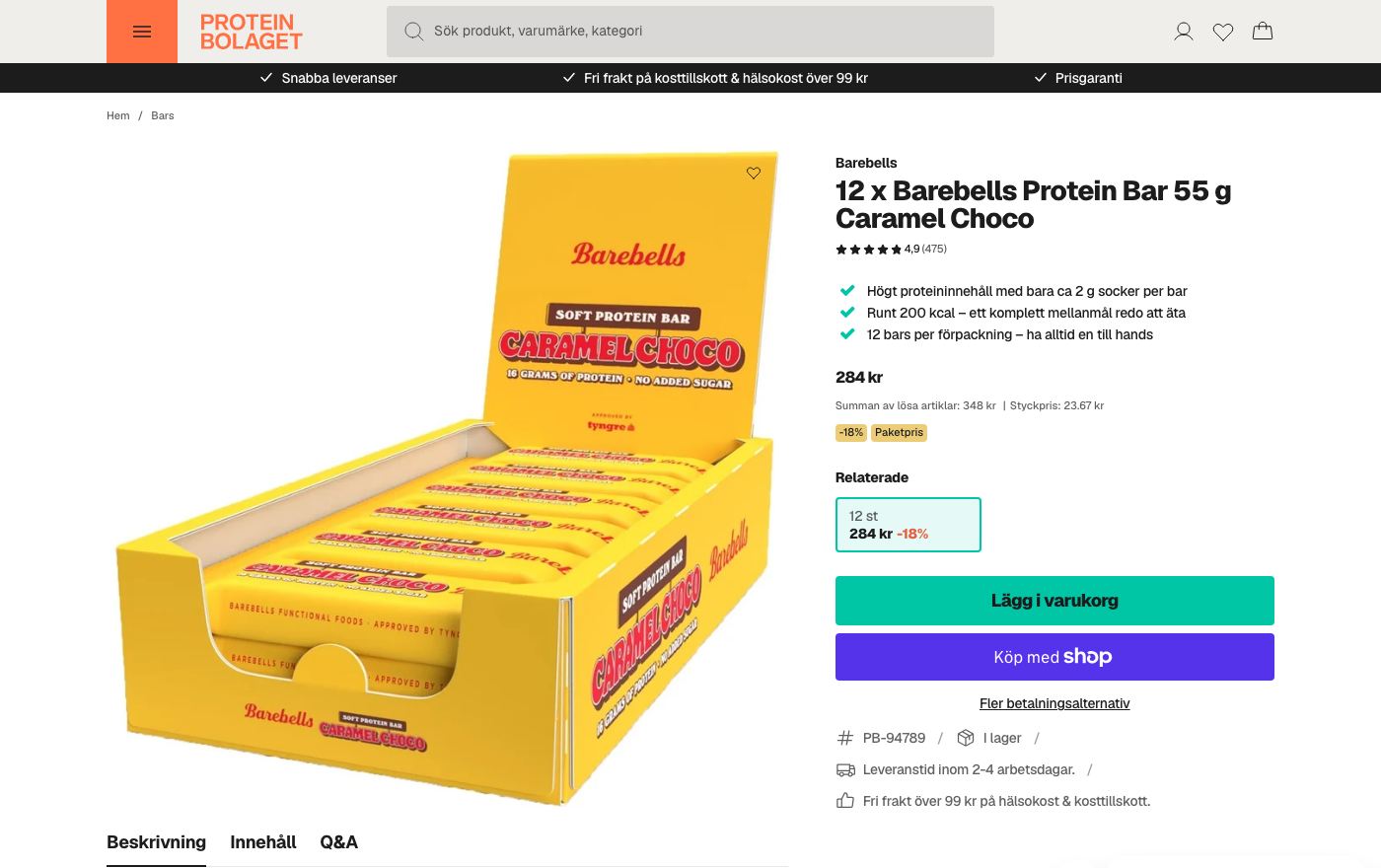 Skärmdump av Barebells produktsida hos Proteinbolaget med pris och näringsinformation