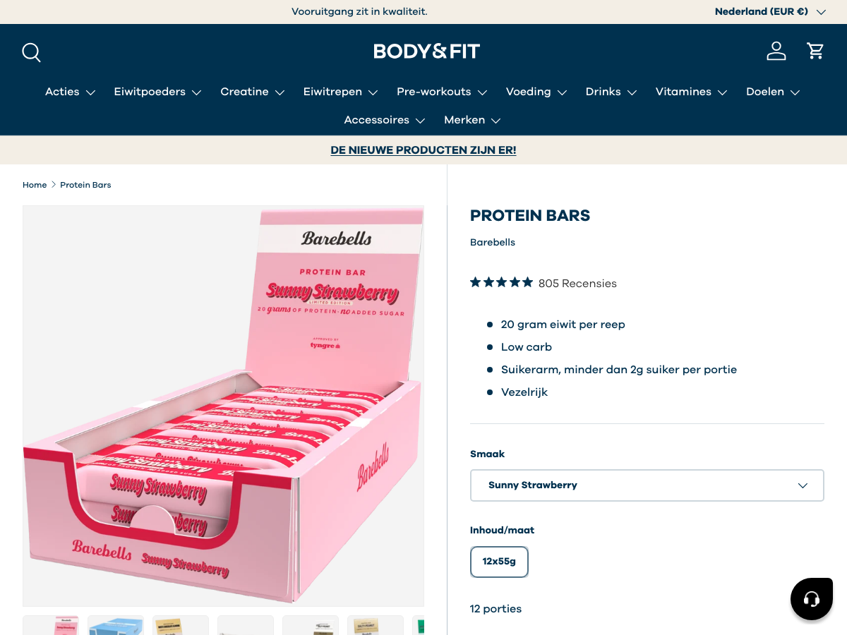 Productpagina van Barebells Protein Bar met suikerarm-claim en eiwitwaarde