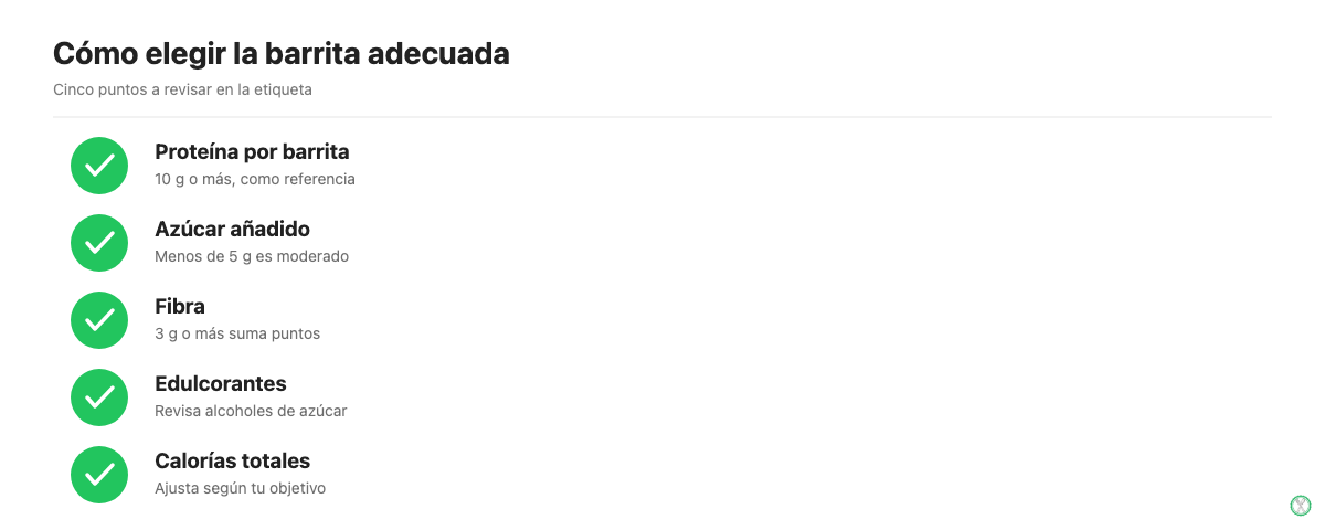 Qué revisar en la etiqueta de una barrita proteica antes de comprarla: proteína, azúcar, fibra, edulcorantes y calorías
