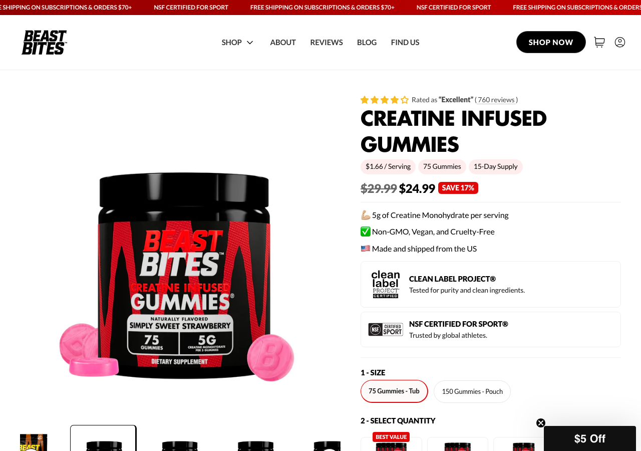 Beast Bites Creatine Infused Gummies product page showing NSF Certified for Sport and Clean Label Project badges, 5g creatine per serving