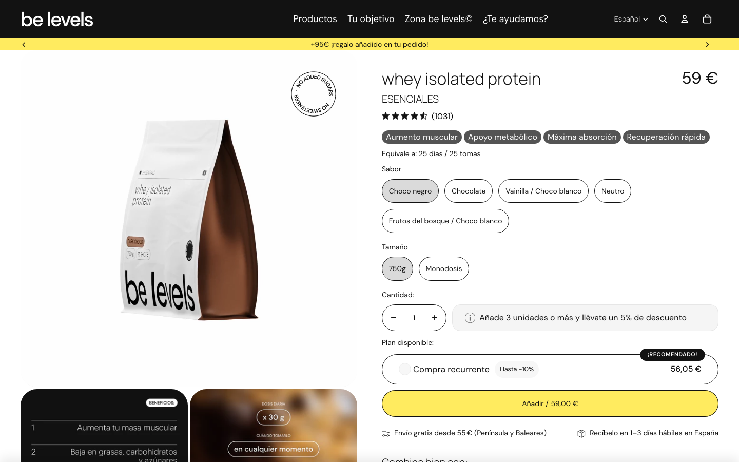 Ficha de producto de BeLevels Whey Isolated Protein en belevels.com, 750g, aislado 90% pureza, 59 euros