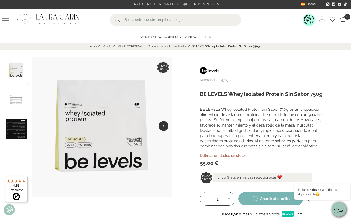 Ficha de producto de be levels Whey Isolated Protein en farmaciagarin.com, 750g, 90% de pureza, 55 euros