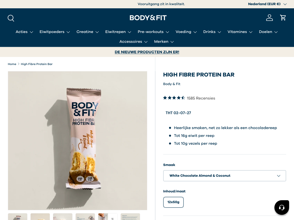 Productpagina van Body & Fit High Fibre Protein Bar met eiwit- en vezelwaarde